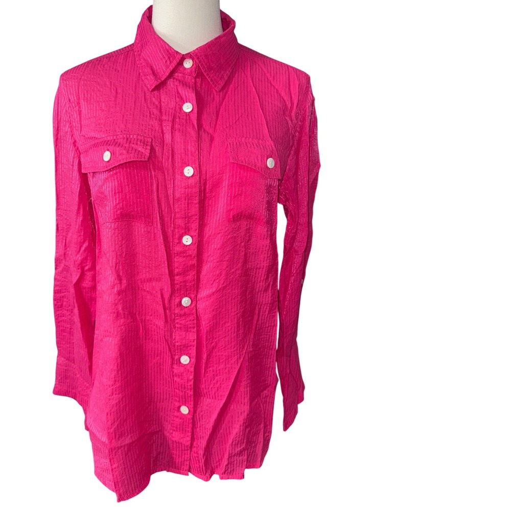 Additions by Chico's Hot  Pink Textured Roll Tab Button Down Shirt Chico 0, US 4